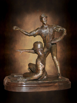 College Baseball Foundation's Brooks Wallace Award for Shortstop Player of the Year designed by Tom White, Little League baseball sculptures in bronze, baseball ballpark statues and monuments, sports sculptures, public sports monuments, monumental bronze sculptures, bronze sculptures of boys playing baseball, commission sports award trophies