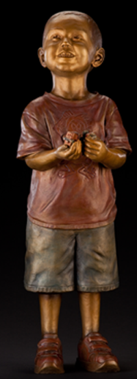 "Will & His Trains" - Lifesize portrait bronze memorial sculpture, bronze statue of little boy playing with trains, Will Poteet-Berndt, Cavehill Cemetery, Louisville, KY, monumental bronze sculptor, Tom White, commemorative commission public bronze statues, figurative family portraits, sculptures of children playing, bronze statues of children, bronze sculptures of children, bronze statues for parks, churches, homes, businesses, cities and public entities.