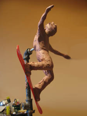 Bronze tabletop Snowboarder sculpture, snowboarding award trophy, custom designed trophies by Tom White, original sports trophies, action snowboard sculpture, figurative sports sculptures, portrait bronze sports statues, public sports monuments, Little League baseball sculptures in bronze, baseball ballpark statues and monuments, sports arena statues, monumental bronze sports sculptures, bronze sculptures of boys playing baseball, commission sports award trophies, skiing statues